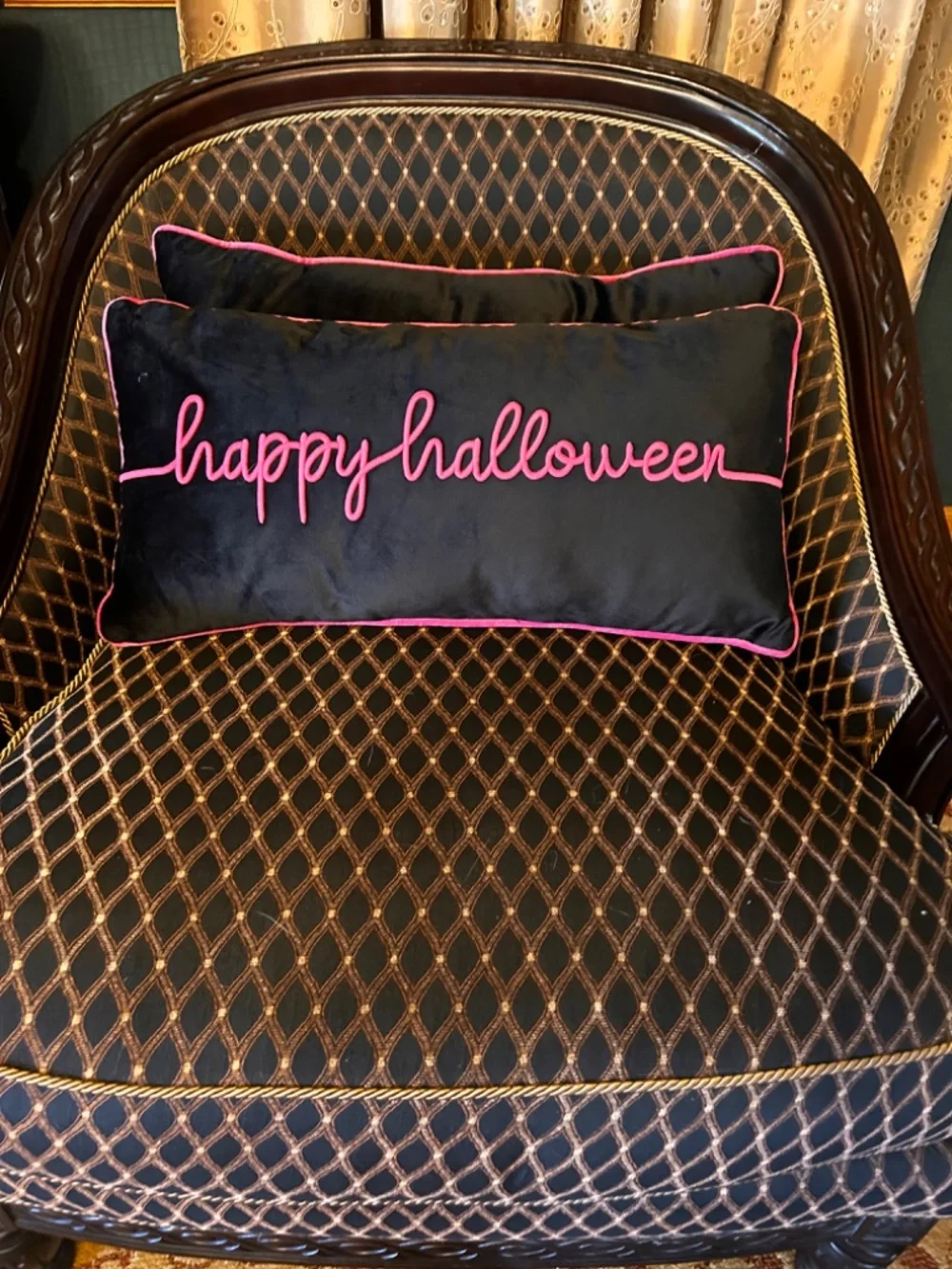 Happy Halloween 🎃 long sofa pillows. Plush black velvet w/ hot pink